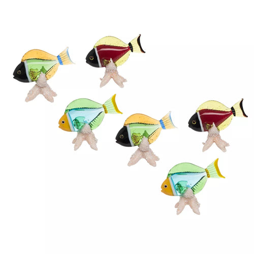 Juego de seis figurillas de peces de vidrio con base de estrella de mar